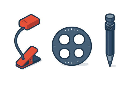 Set of creative tools including mechanical drafting pencil, clip light, and film reel segment