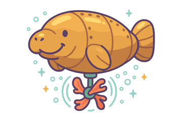 Cute cartoon manatee character designed as a whimsical submarine or airship with a propeller