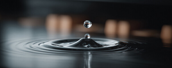 Captivating image of a water droplet impacting a surface, creating ripples and a moment of suspended animation. Symbolizes purity, nature, or tranquility. Perfect for wellness ads.