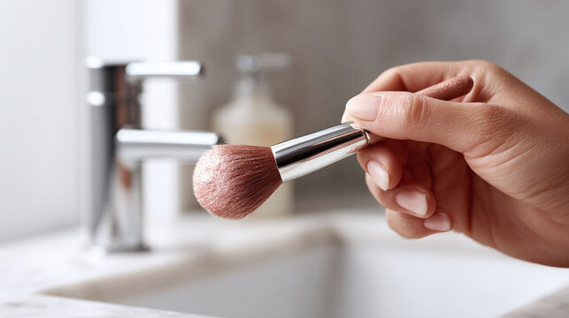 Elegant shot of a hand holding a makeup brush in a bright bathroom. Perfect for beauty, selfcare, cosmetics, and lifestyle themes. Illustrates beauty routines, preparation, and femininity.