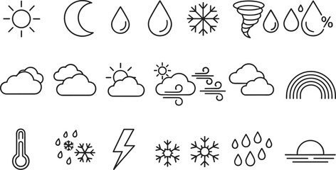 Vector line icons illustrating natural weather phenomena, including rain, snow, wind gusts, lightning, temperature readings, and diverse conditions for a climate app.