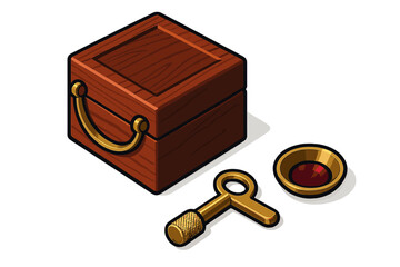 Isometric wooden treasure box, golden handle, small key, and precious red ruby gem isolated