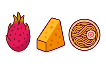 Set of three food icons featuring dragon fruit, cheese wedge, and ramen bowl