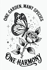 Obraz premium Black and white tattoo-style monarch butterfly on rose stem with decorative lettering and celestial accents. 