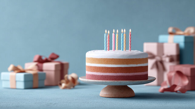 Celebratory layered cake with burning candles, gift boxes behind. Represents birthdays, milestones, achievements. Ideal for party invites, cards, ads.