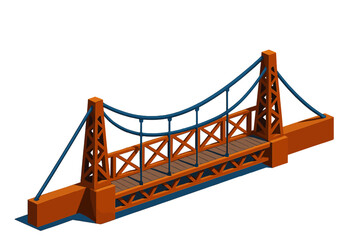 Colorful isometric view of a small suspension bridge with orange towers and blue railings
