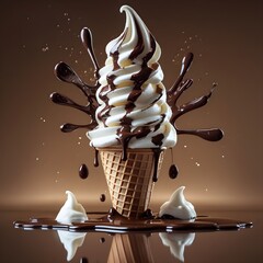 Explosive Soft Serve: Vanilla Swirl in a Waffle Cone with Dramatic Chocolate Drizzle and Splash