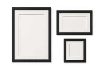 Black picture frame set featuring various sizes, offering empty display mockups with white mat board texture and transparent background