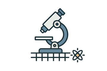 Laboratory microscope and atom symbol representing scientific research and discovery