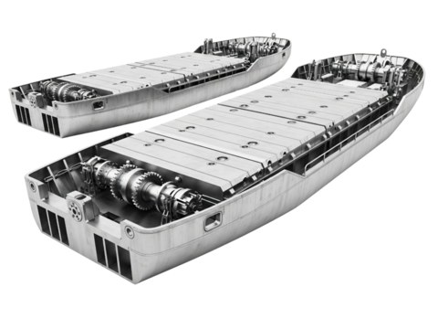 Industrial battery packs for electric cargo ship propulsion on a transparent background