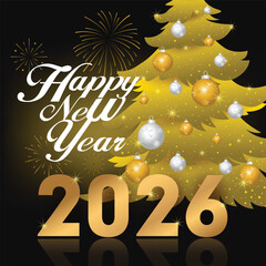 Golden New Year 2026 celebration with a glowing Christmas tree, festive ornaments, and bright fireworks on a dark background.