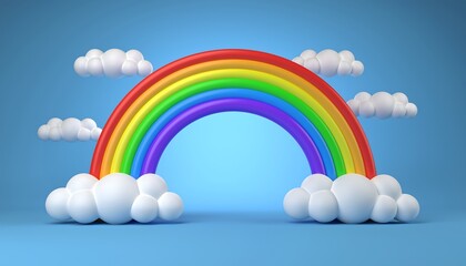 3D render of a rainbow arching across a bright blue sky with fluffy clouds, creating a cheerful, whimsical, and colorful scene.