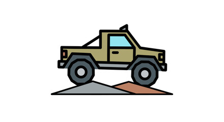 Khaki off-road pickup truck with a roll bar driving over uneven terrain.