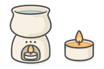 Ceramic aroma oil burner with water bowl and lit tea light candle for home fragrance and spa