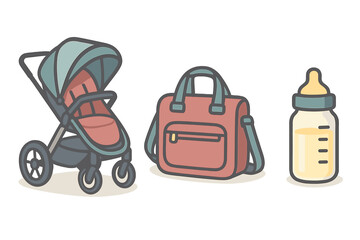 Fototapeta premium Modern stroller, diaper bag, and baby bottle set representing newborn care essentials