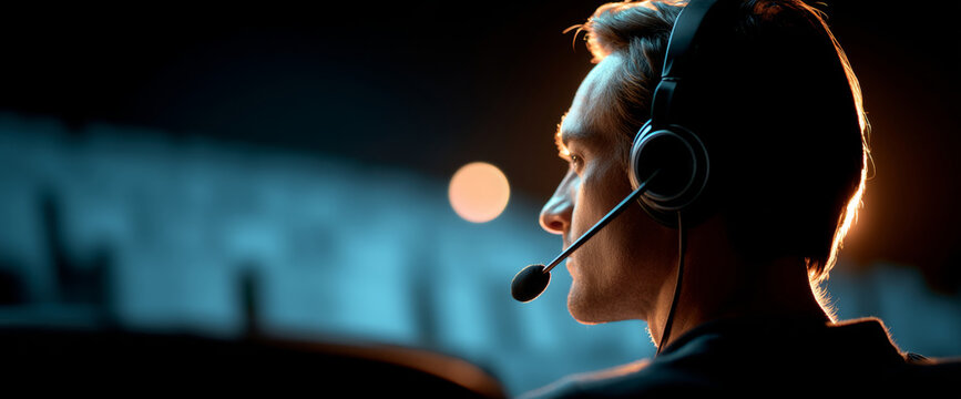 Side profile of a young man wearing a headset with microphone in a dimly lit environment with blurred background lights