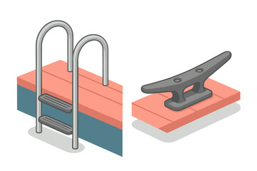Isometric view of dock equipment featuring a metal ladder and a mooring cleat on a wooden pier