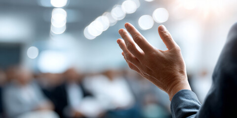 Close-up of a speaker's hand gesturing during a presentation with blurred audience and bright lights in the background