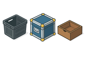Isometric set of storage containers including plastic crate, flight case, and wooden box