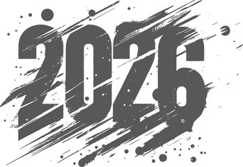 A bold, grunge-style 2026 numerals graphic featuring distressed texture, splashes and stripes. Ideal for New Year campaigns, countdowns, branding, and modern design projects