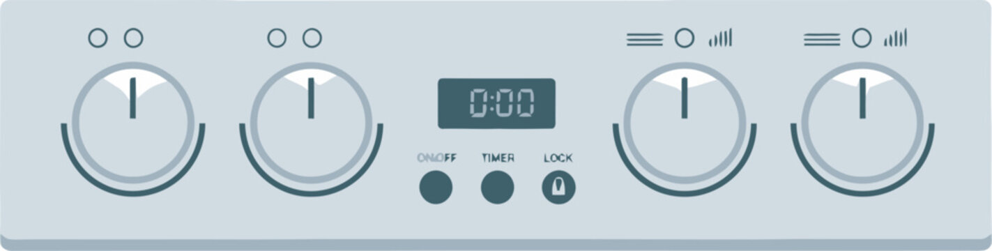 A light blue control panel with four knobs, a digital display, and three buttons.