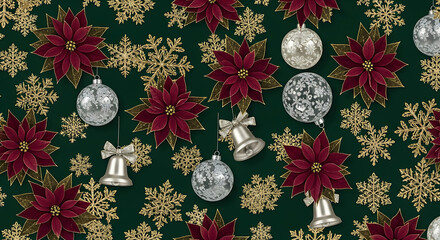 Luxurious Christmas pattern with gold foil snowflakes, silver ornaments, and deep burgundy poinsettias on a rich emerald green seamless background