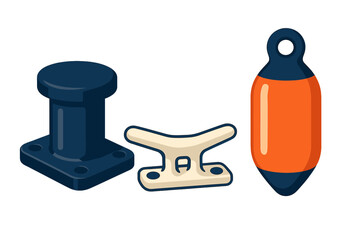 Set of essential marine equipment including a bollard, a cleat, and a protective boat fender