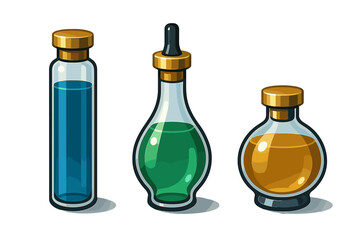 Three different shaped glass containers with colorful liquids and golden stoppers for science or magic