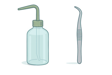 Essential medical wash bottle and curved forceps used for hygiene and laboratory work