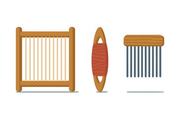Traditional weaving tools set with loom frame, shuttle, and comb for textile craft
