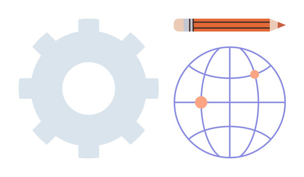 Gear symbolizing process, globe representing global reach or internet, and pencil for creativity or design. Ideal for workflow, teamwork, globalization, innovation, education, technology