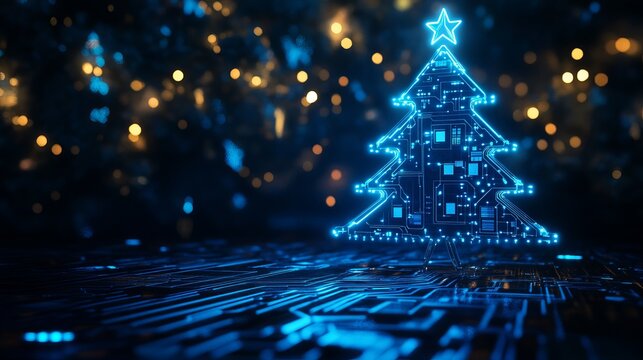 Stunning digital Christmas tree with glowing circuits and star topper illuminates a futuristic, tech-inspired holiday scene with bokeh lights