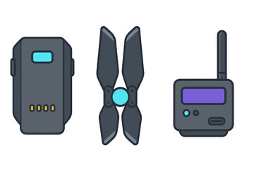 Drone spare parts icons featuring battery, propellers, and remote control unit