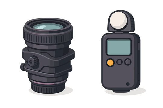 Professional photography equipment: camera lens and handheld digital light meter