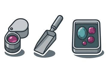 Jeweler appraisal tools set including loupe, scoop, and faceted precious gems