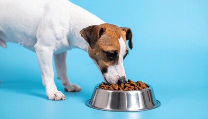 Jack Russell Terrier Eating from Bowl on Blue Background for Pet Food Advertising Stock Image.