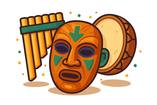 Traditional ethnic wooden mask, pan flute, and percussion drum