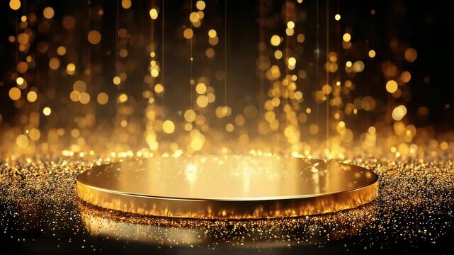 Empty Golden Podium Surrounded by Sparkling Glitter and Soft Bokeh Lights Creating a Luxurious and Celebratory Atmosphere