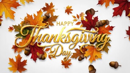 Happy Thanksgiving Day message with golden calligraphy text and autumn leaves for greeting card
