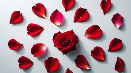 Single Red Rose Surrounded by Petals on White Background &ndash; Romantic Floral Composition for Valentine&rsquo;s Day, Love Symbolism, Wedding Decor, and Emotional Celebration Themes.