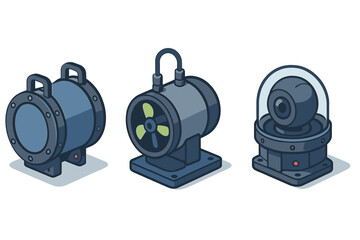 Isometric set of three submersible devices: sealed housing, propeller thruster, and dome surveillance camera