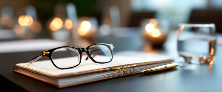 Close-up of eyeglasses resting on a spiral notebook with a pen and a glass of water on a desk with blurred warm lights in the background