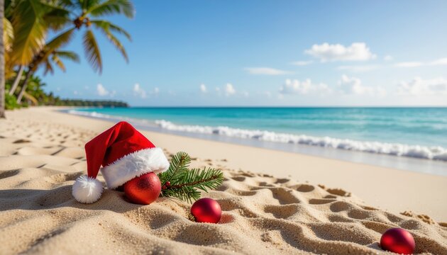 Festive beach scene with christmas ornaments and santa hat on sandy shore tropical paradise holiday spirit relaxing atmosphere bright daylight coastal vibes