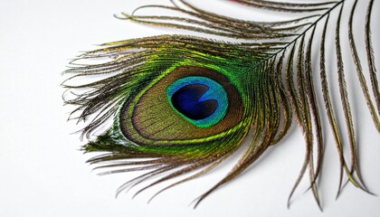 Obraz premium Elegant Peacock Feather on White Background for Creative Projects and Design Resources.