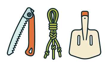 Obraz premium Essential outdoor survival gear set with folding saw coiled rope and small shovel