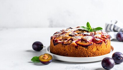 Delicious plum cake on a white plate with fresh plums sprinkled with powdered sugar minimal style bright and airy photo.