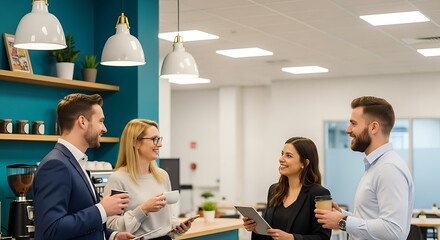 Business people having a coffee break in the office, colleagues chatting and drinking coffee, communication and teamwork concept, modern workplace