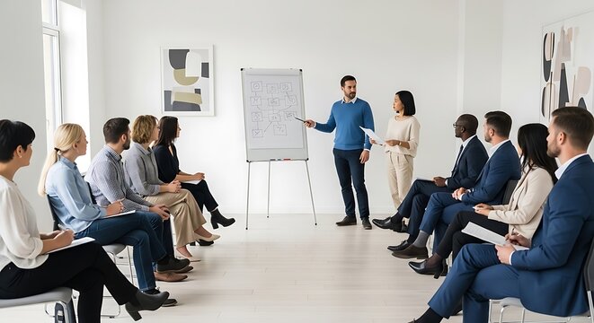 Diverse business people attending a training seminar, with a male speaker presenting information on a flip chart in a bright modern office