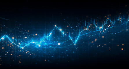Abstract glowing blue financial stock market graph with data points and bokeh lights