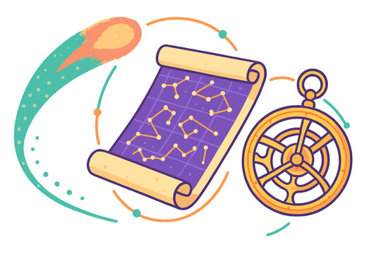 Golden astrolabe, star map scroll, and comet representing ancient celestial navigation tools